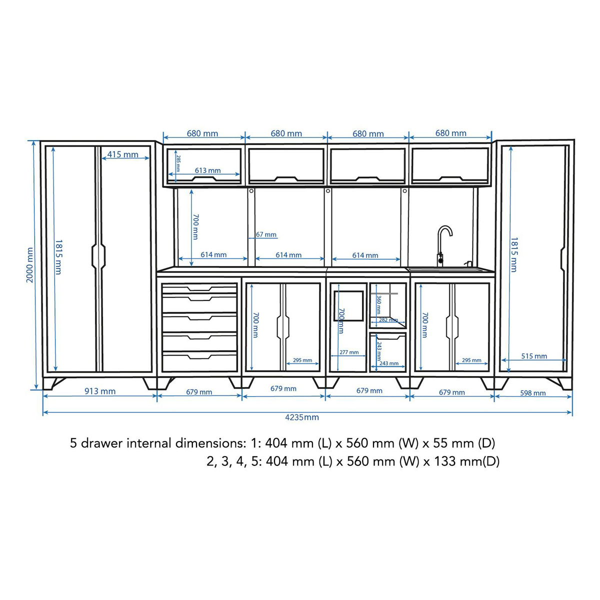 SGS 14pc Garage Storage System | 5 Drawers | Pressed Wood Worktop | Floor Cabinet | Tall Single & Double Cabinets | Bin Unit | Sink Unit